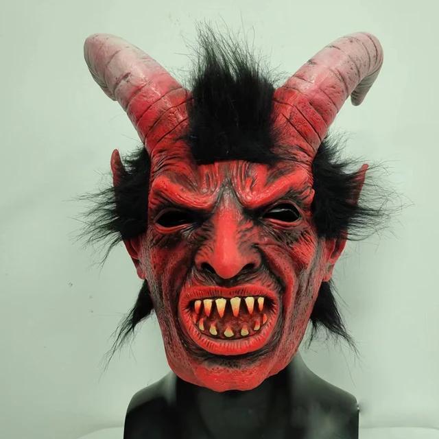 Máscara Realista De Demonio Con Cuernos Para Halloween Látex Rojo y Gris Adulto