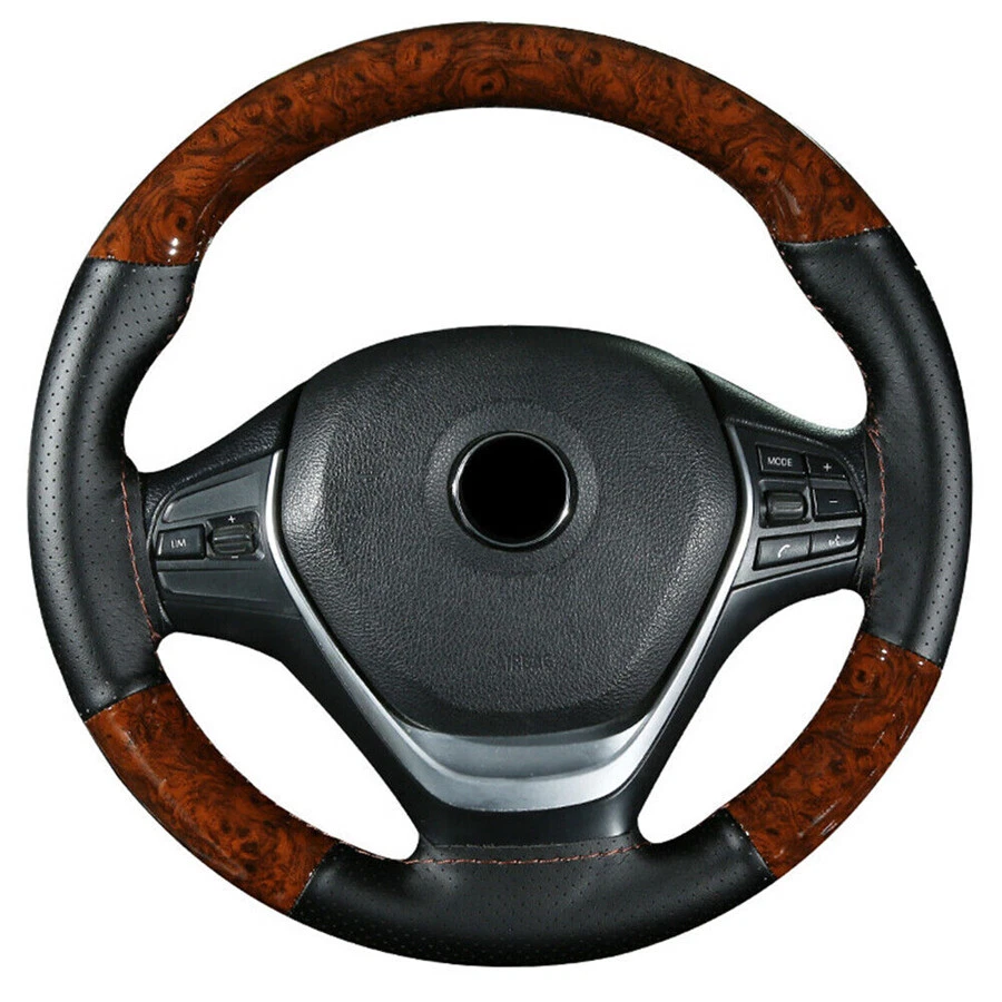 Car SUV Peach Wood Leather Steering Wheel Cover With Needles Booster Protector - Image 3 of 4