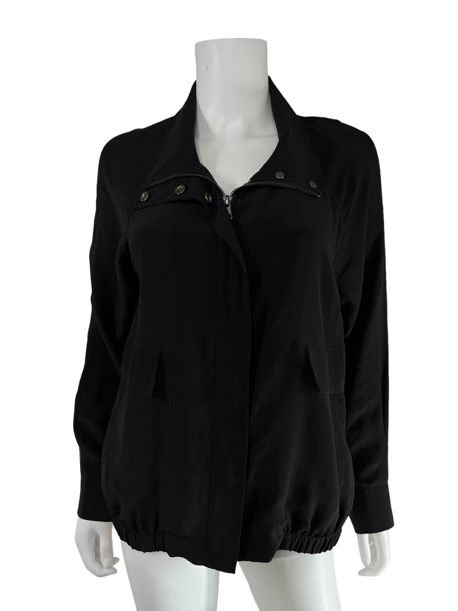 Eileen Fisher Silk Crepe de Chine Black Bomber Jacket Zip Front