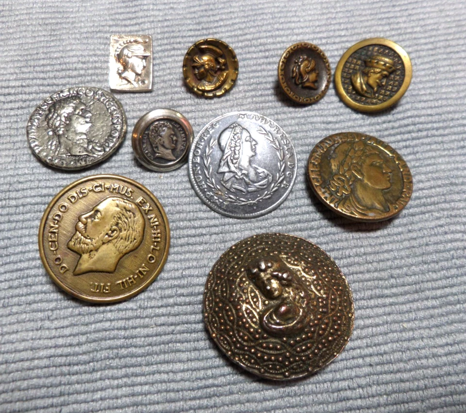 Lot of 10 Vintage Antique Metal Picture Buttons CAMEOS HEADS MEN KINGS ALEXANDER - Image 2 of 4