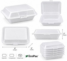 EcoPax #205 White Foam Carry Out Food Containers 9” x 6” x 3” Case of 200