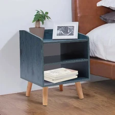 Modern End Side Table Nightstand with 3 Tier Storage Shelf MDF with Blue Pine Wo