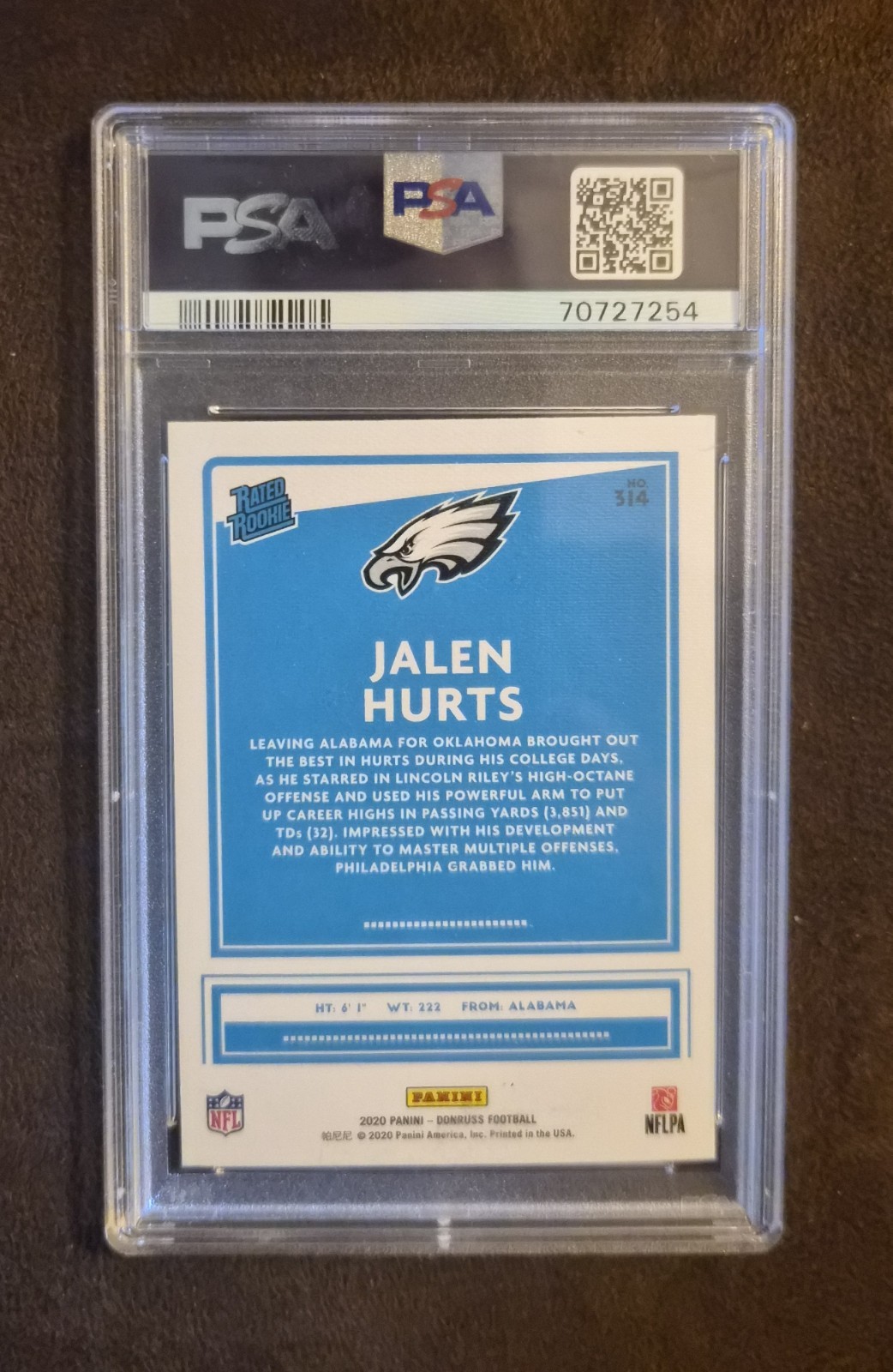 2020 Panini Donruss Rated Rookie Jalen Hurts #314 RC PSA 10 view 2