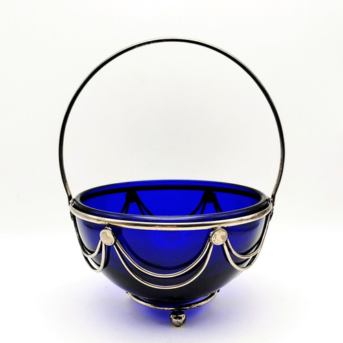 English Art Deco Cobalt Blue Glass Serving Dish W/ Silverplate Tray Basket - Picture 1 of 21