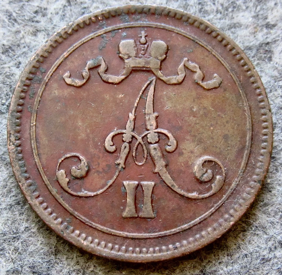 FINLANDIA GRAN DUCADO Provincia Rusa Aleksandr II 1865 10 PENIQUES, Arañazo de Cobre Foto 2 de 4