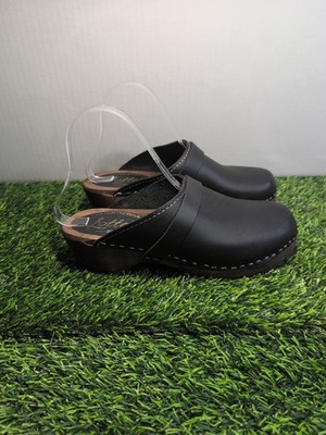 Lottas From Stockholm Wooden Clogs Swedish Slip On Black Leather Womens Size 38