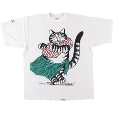 RI16h Kliban Cats Vintage T-Shirt M White Cotton 90s Crazy Shirt Made in USA Ja