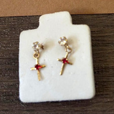 14K gold Cross Dangle Stud Earrings Clear CZ with Red Accent,