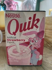 Vtg Nestle Quik Strawberry Flavor Tin Can 16 Oz 70's - 80's Advertisement