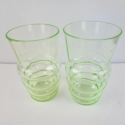 Vintage UV Uranium Glass Tumblers Pair Green Depression Glasses