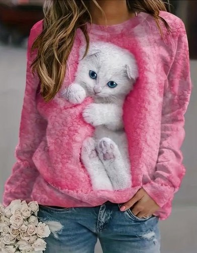 Sudadera para mujer talla grande estampado de gato sudaderas con capucha manga larga pulóver tops sueltos - Imagen 9 de 9