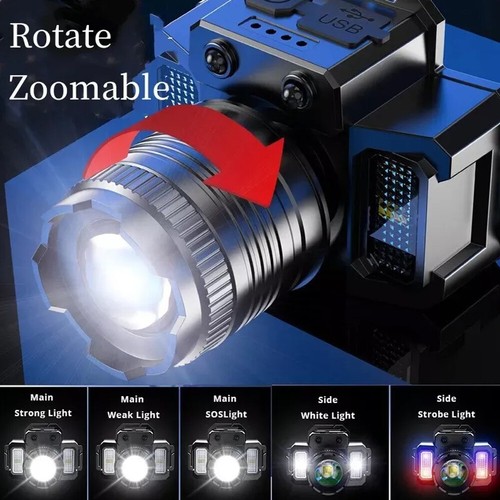 Torcia frontale LED super luminosa USB ricaricabile faro impermeabile lampada - Foto 6 di 17