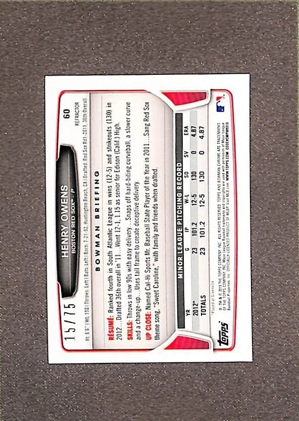 2013 Bowman Chrome Minis Green Refractor #60 Henry Owens /75 - Image 2 of 3