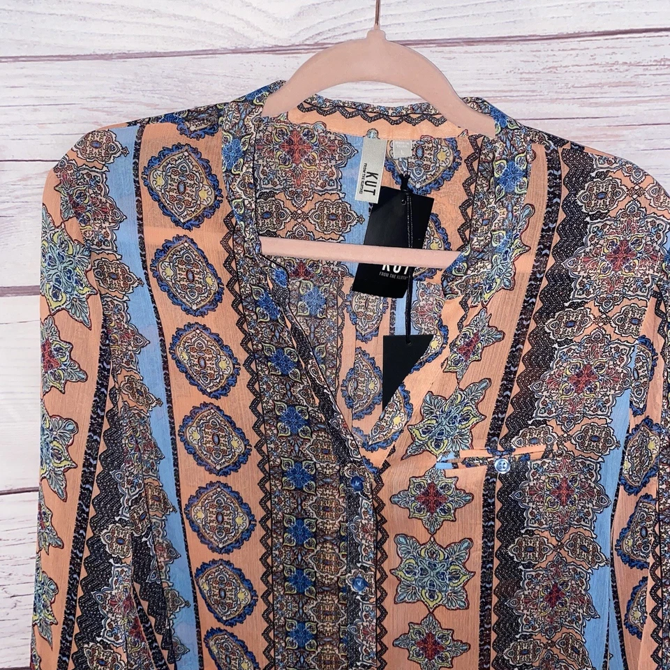 Kut From The Kloth Womens Blouse Blue Pink Medallion Print Button Up Roll Tab - Image 2 of 4