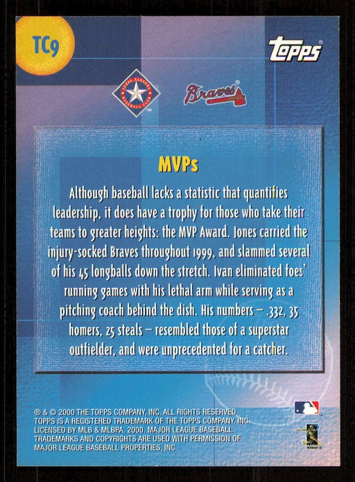2000 Topps Combos #TC9 MVP's Chipper Jones Ivan Rodriguez - Image 2 of 2