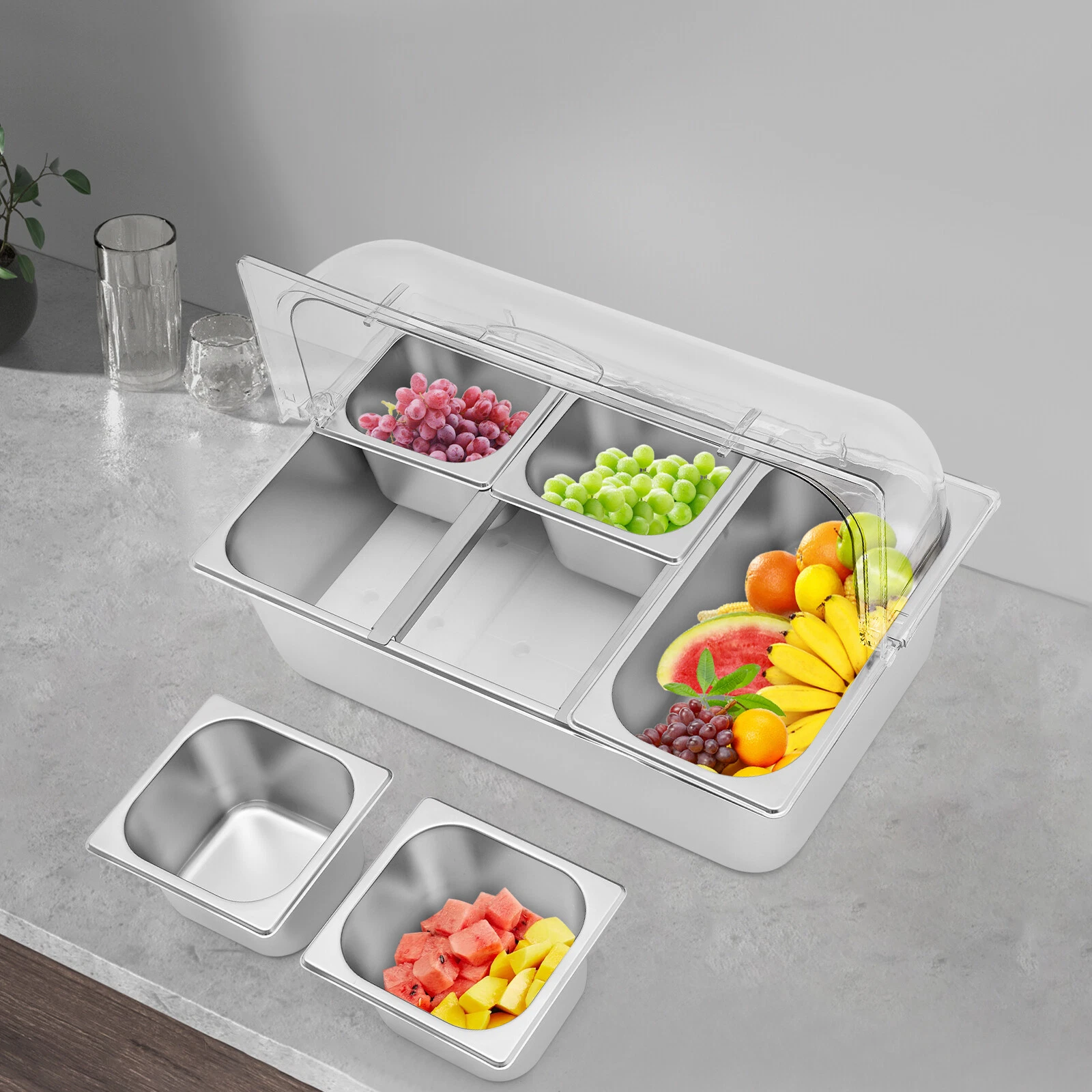 Serving Container Stainless Steel Food Serving Container w/Lid 5 Compartments