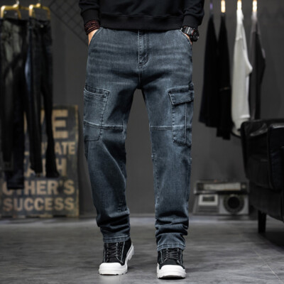 New Men Stretch Loose Jeans Pants Distressed Cargo Work Trousers Pocket  Casual
