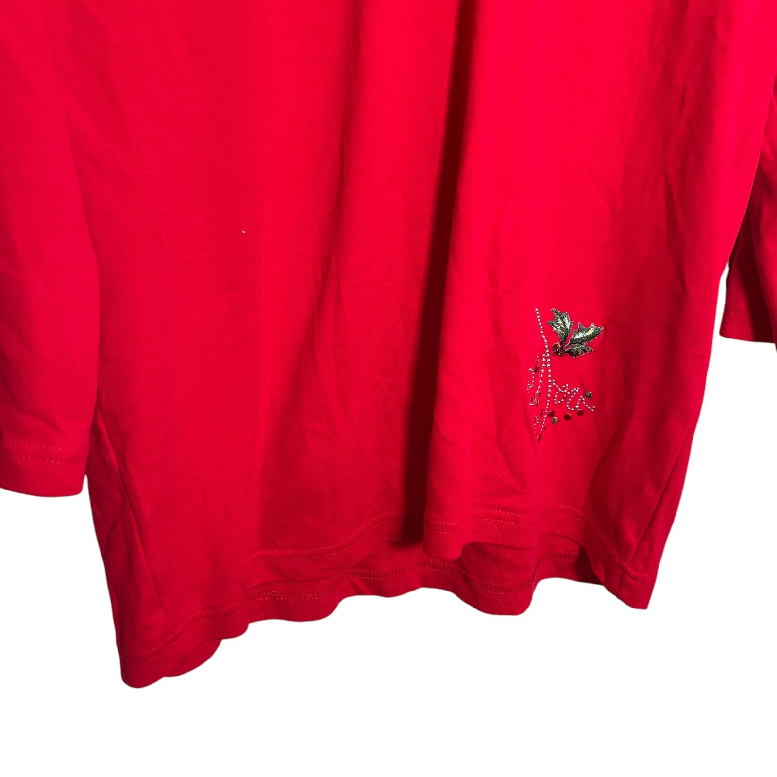 Tia T-Shirt Women's Large Red Christmas Holiday Holly Rhinestone V-Neck Tee Top