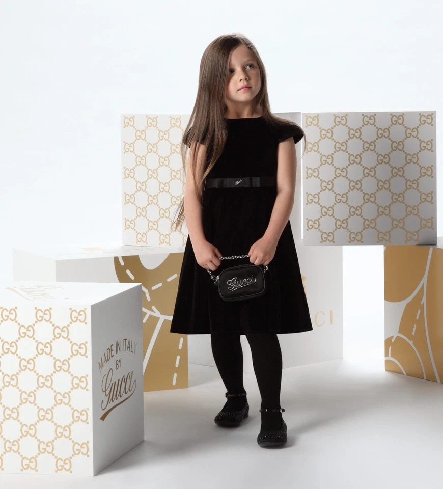 NUEVO EN CAJA NUEVO Gucci Niña Marfil Negro Satinado Cuero Cristal Tobillo Ballet Pisos 25 26 10 Foto 3 de 4