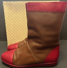 Gucci Vintage Pebbled Leather Boots 2 Tone Brown Red Pull On Style Size 39