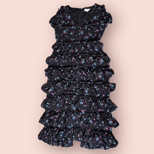 WAYF Womens Darlene Tiered Ruffled Short Sleeve Black Floral Midi Dress Large - Picture 5 of 16