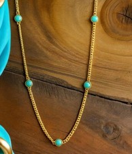 Gold Chain Necklace With Turquoise Gemstones Adjustable Everyday Jewellery Gift