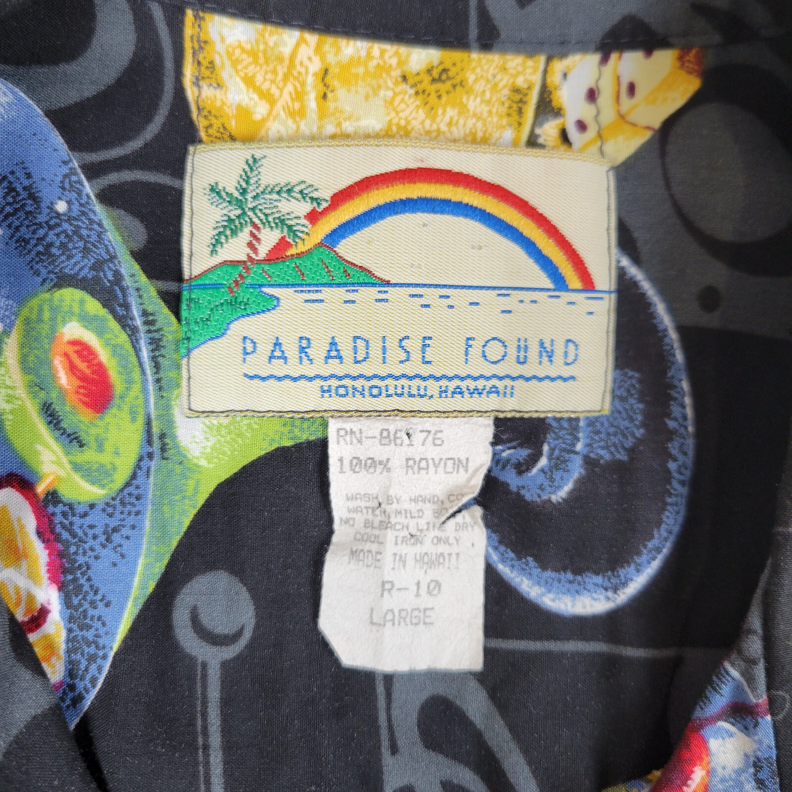 Vintage Paradise Found Hawaiian Shirt Mens L Black Cocktail Happy Hour Olive USA
