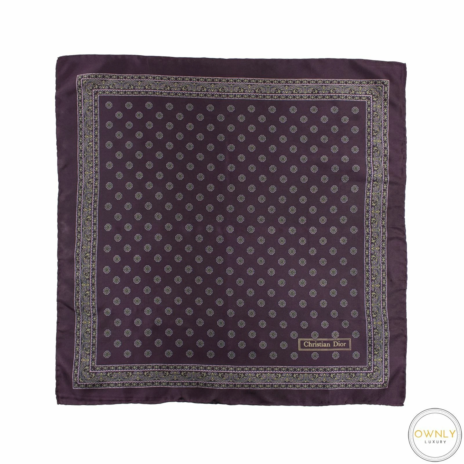 Écharpe laminée à la main pourpre vert soie médaillon bordée raisin Christian Dior
