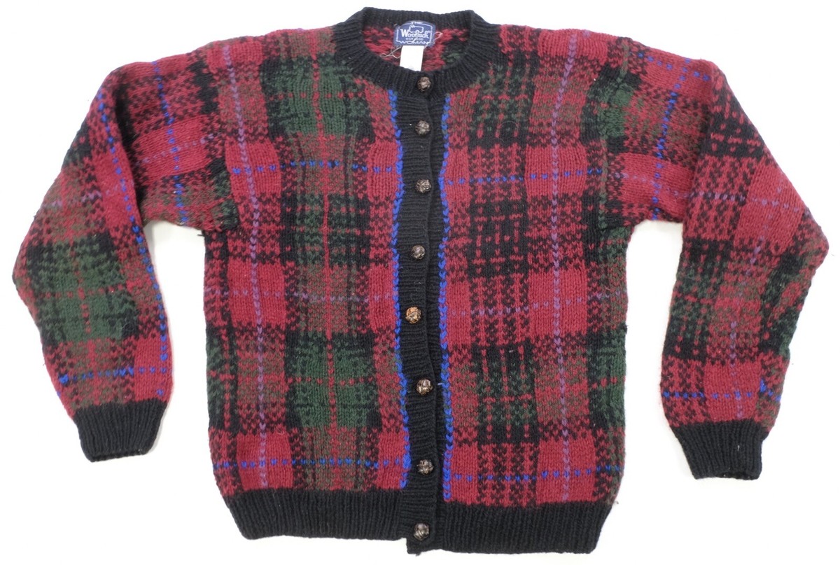 Rare Vintage THE WOOLRICH WOMAN Checkered Plaid Cardigan Sweater 