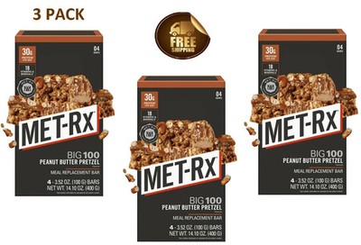 MET Rx Big 100 Peanut Butter Pretzel Protein Bars 30g 4 Count Pack of 3 Boxes