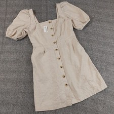 Old Navy Linen Blend Mini Dress Women's Small Beige Puff Sleeve Button