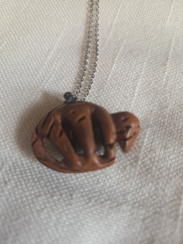 Vintage Handcarved Sloth Necklace With Silvertone  Chain 
