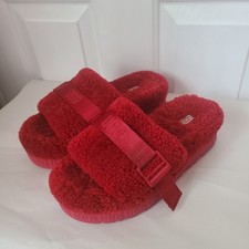 UGG Fluffita Shearling Platform Slides Slippers Sz 9 Red Logo Y2K Colorful