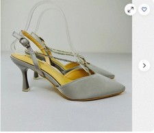 C.Paravano Women's Slingback Heels Grey Satin Pointed Toe Pumps Diamante