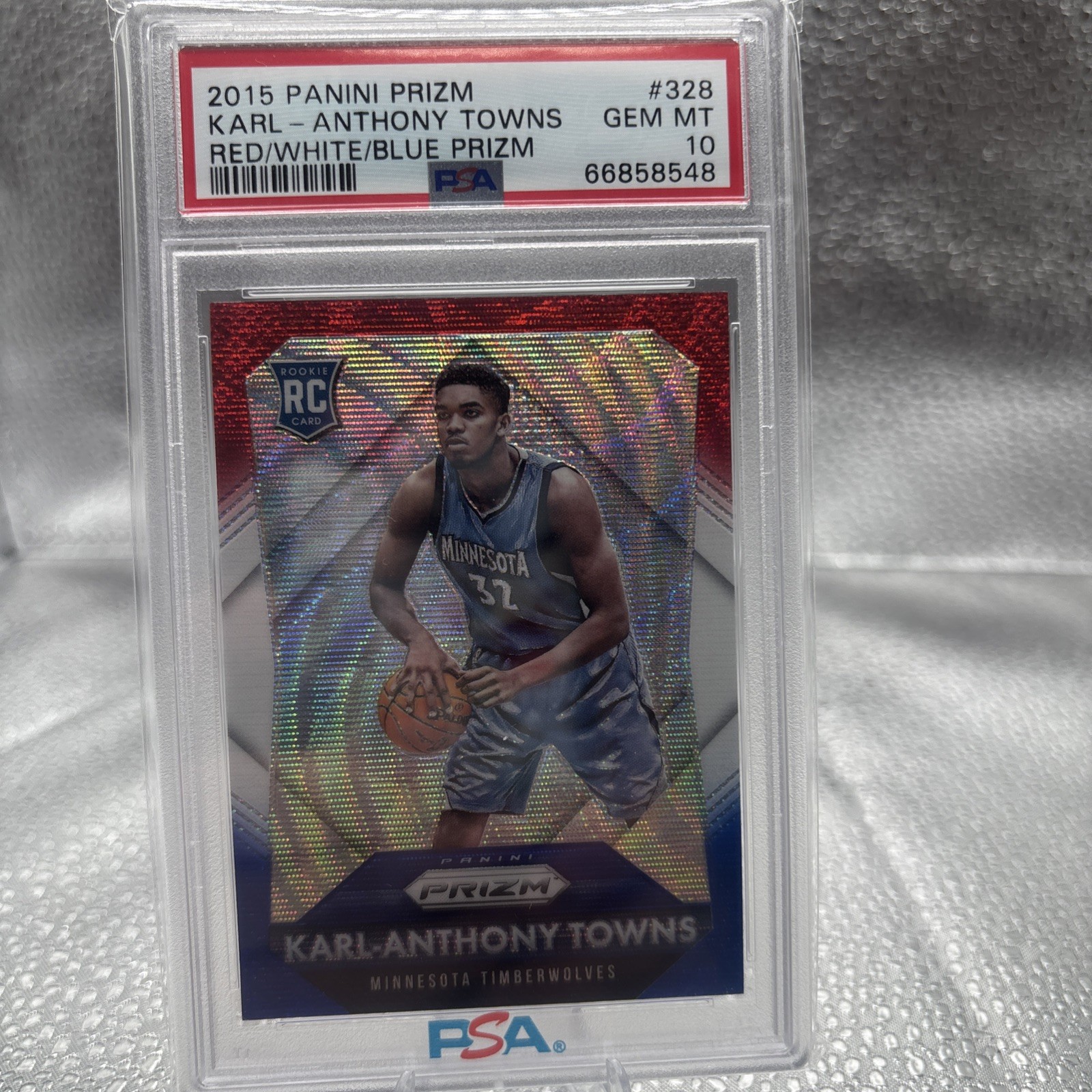 2015-16 Karl Anthony Towns Panini Prizm Red/White/Blue Rookie RC PSA 10 #328
