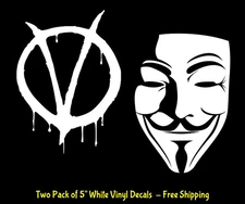 V is for Vendetta & Vendetta Mask 2PK 5" White Decals Windows Any Flat Surface