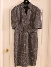 READ Chanel Tweed midi dress with crystal buttons grey white wool silk US 4 / S
