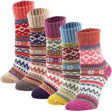 5Pack Womens Vintage Winter Soft Warm Thick Cold Knit Wool Crew Socks, Multicolo