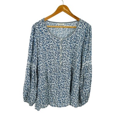 Max Studio Women 2X Floral Henley Blouse Blue White Long Sleeve Rayon Top