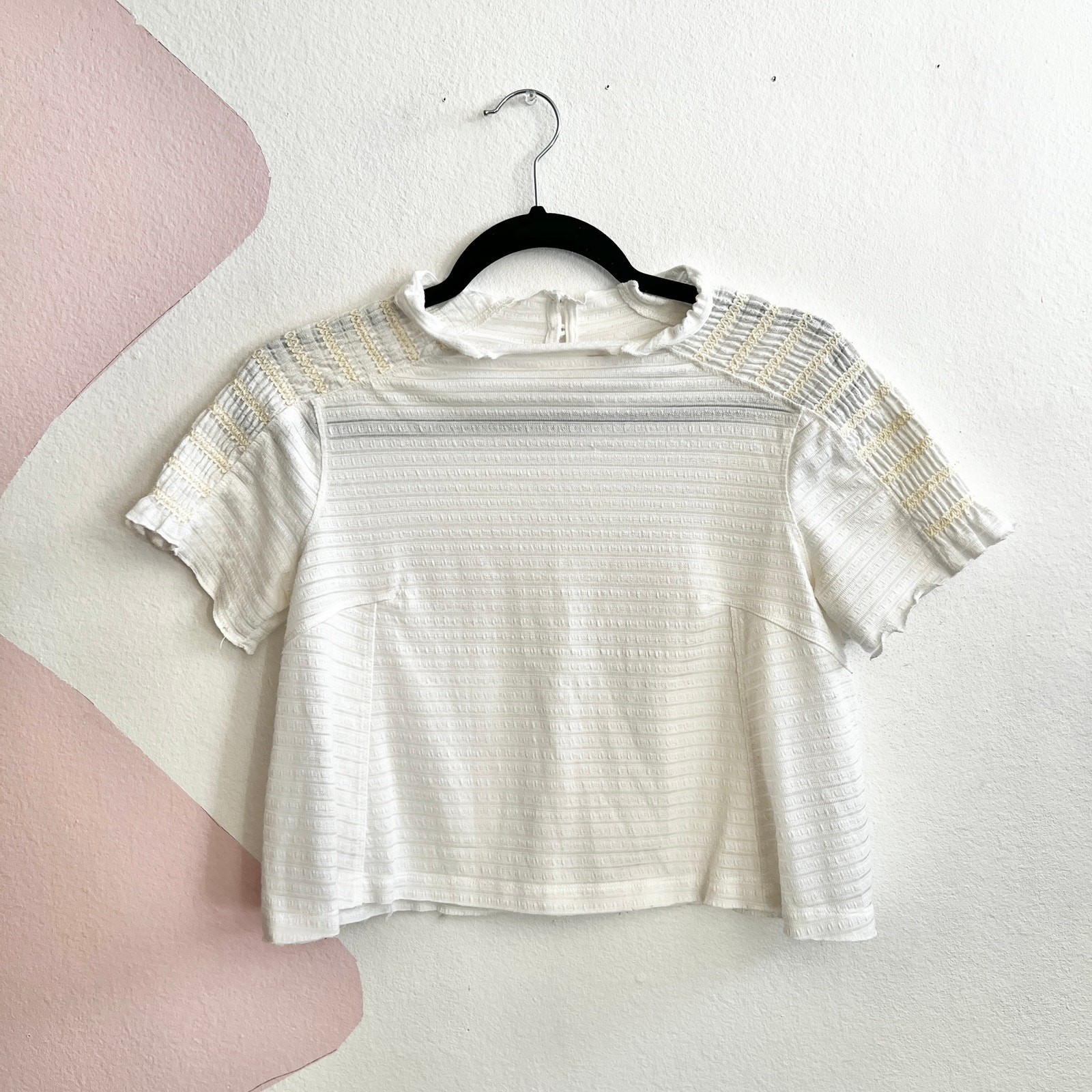 Free People White Smocked Top Boho Cottagecore Prairie XS