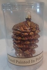 Hand-painted collectible glass pinecone Christmas ornament crafted in Poland.