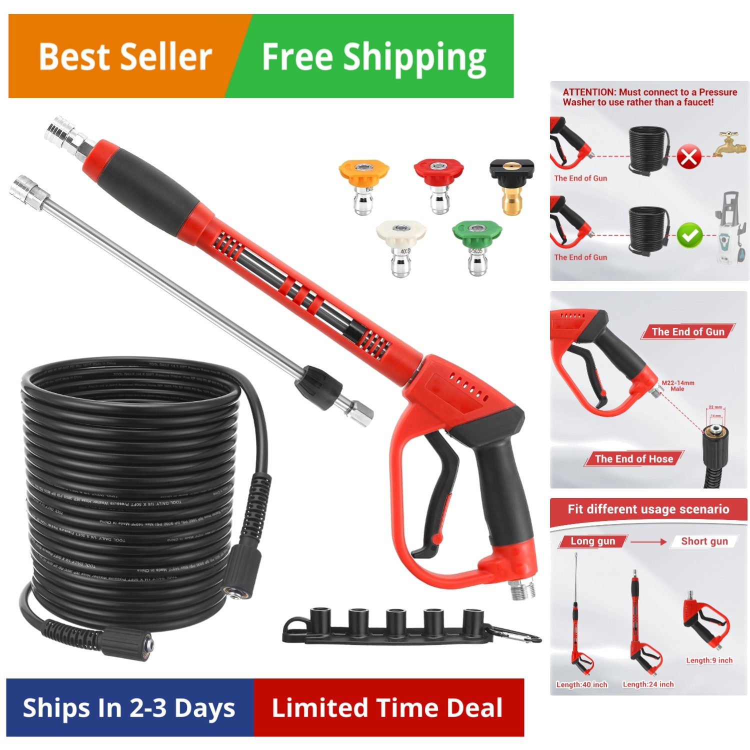 Pressure Washer Gun and Hose Kit, 50 FT Power Washer Hose and Replacement Wan...