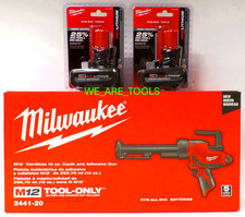 New In Box Milwaukee M12 2441-20 10 oz Caulk Adhesive Gun, 2 5.0 Ah Battery 12V