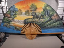 Large Decorative Bamboo Folding Fan Elephants Asian Wall Hanging Art