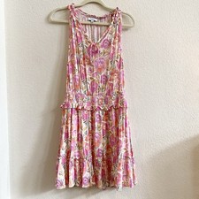 Anthropologie Fate Pink Floral Flowy Tiered Ruffle Peasant Mini Dress Large