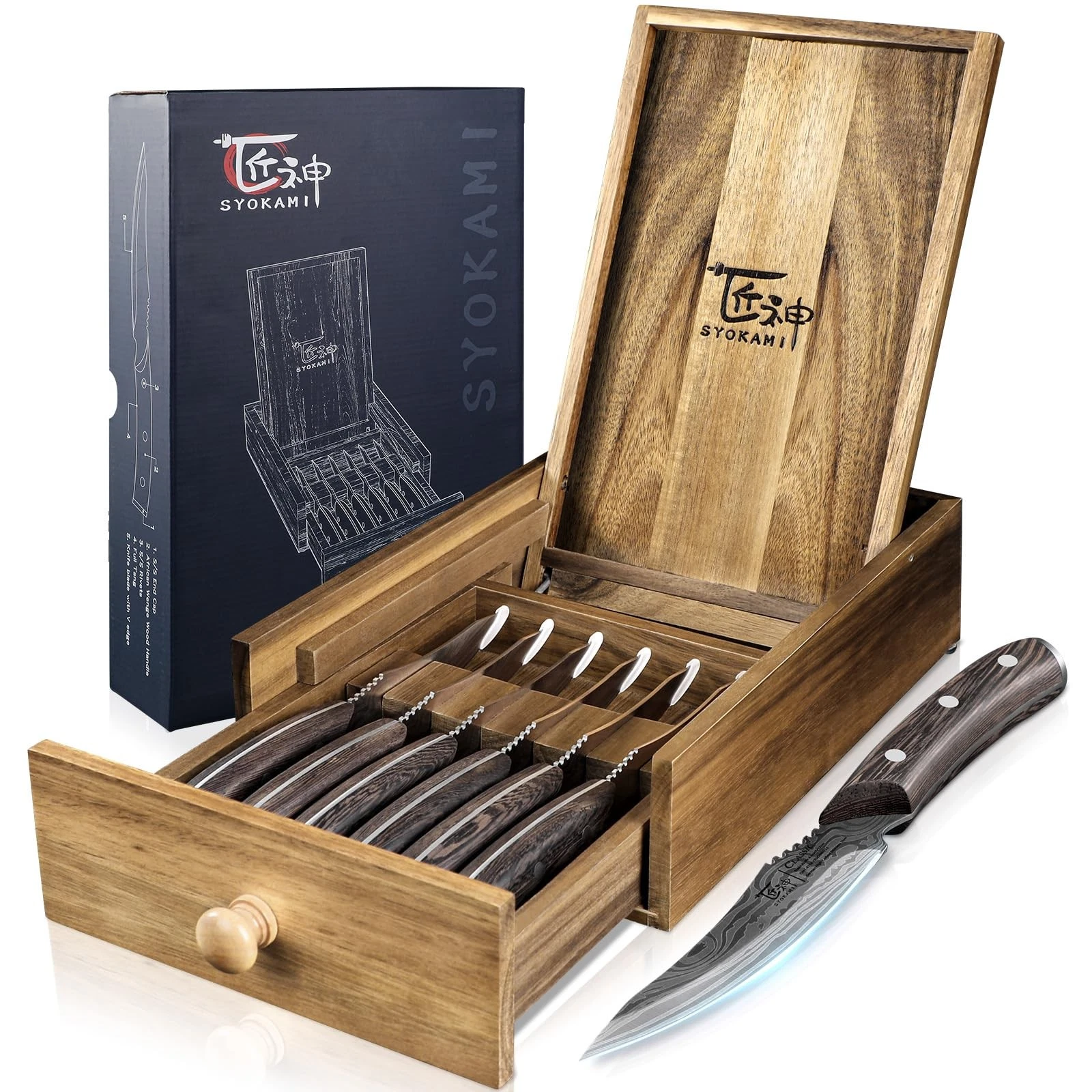 SYOKAMI Steak Knives Set of 6 with Drawer Organizer, 4.8 Inch High Carbon Jap...