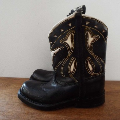 ACME Western Cowboy Boots Square Toe Black and White Leather Boots Baby Sz 4.5
