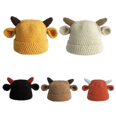 Students Adult Calf Horn Shape Hat Cartoon Style Outdoor Windproof Knitted Cap