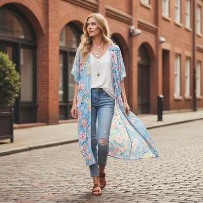 NEW Loft  M L Kimono Blue Floral Duster Oversized Boho Chic Coastal Bloom Flowy
