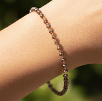 Elegant Silver Tone Beaded Bracelet Smoky Topaz Look Brown Stone Dainty Chain